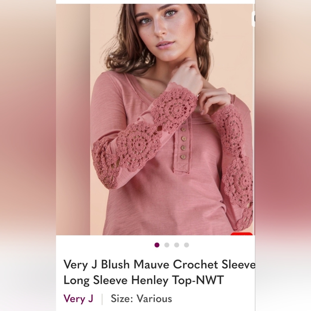 NWT..Very J Mauve Pink Long Sleeve Top with Crochet Sleeve Large - Picture 12 of 12